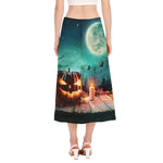 Scary Halloween Pumpkin Print Side Slit Midi Skirt