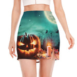 Scary Halloween Pumpkin Print Side Slit Mini Skirt
