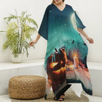 Scary Halloween Pumpkin Print Silk V-Neck Kaftan Dress