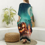 Scary Halloween Pumpkin Print Silk V-Neck Kaftan Dress