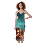Scary Halloween Pumpkin Print Slim Fit Midi Cami Dress