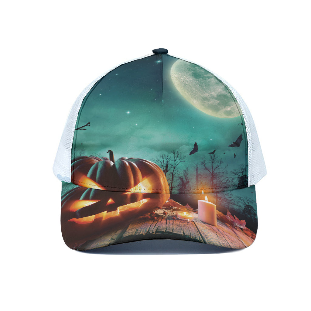 Scary Halloween Pumpkin Print White Mesh Trucker Cap