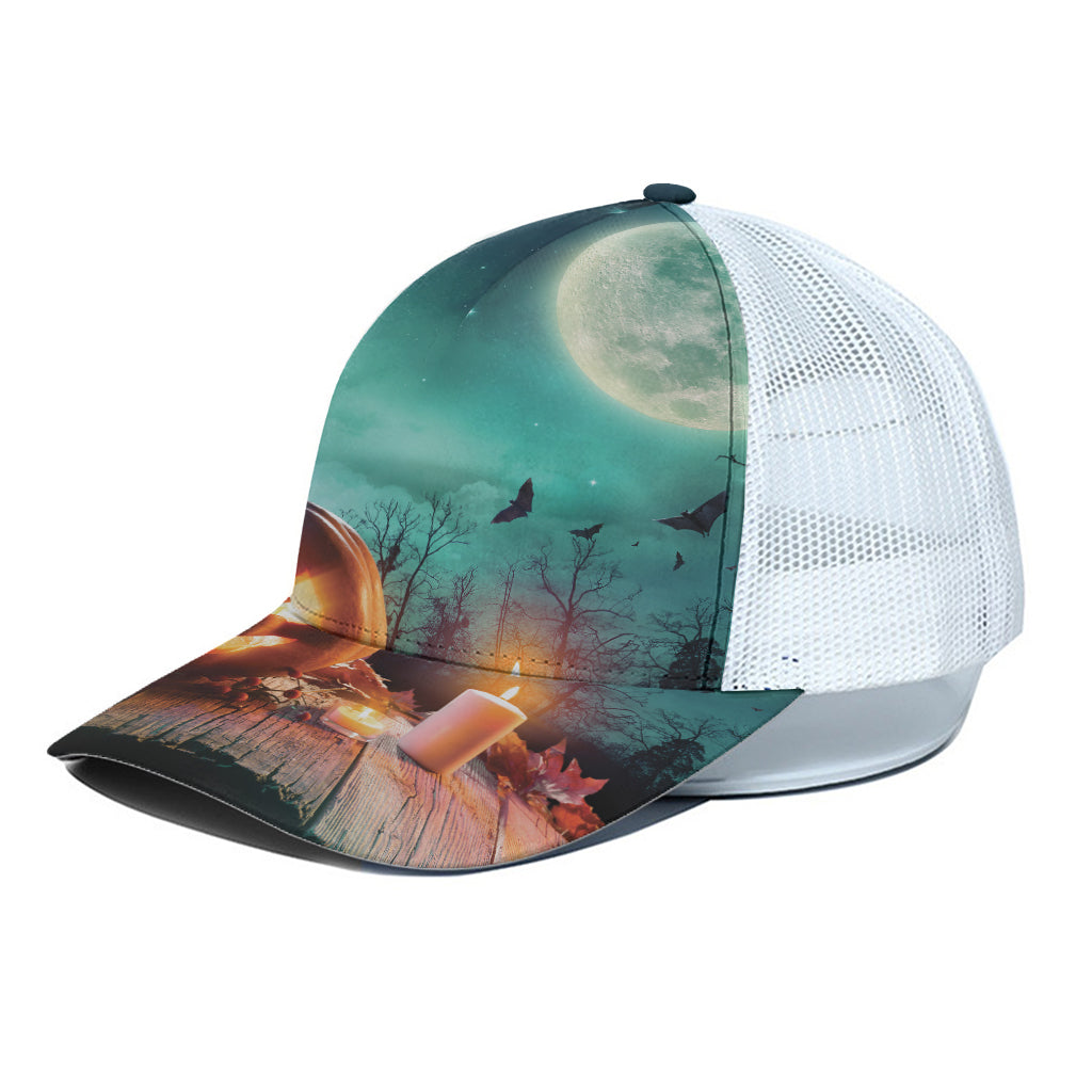 Scary Halloween Pumpkin Print White Mesh Trucker Cap