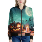 Scary Halloween Pumpkin Print Women's Bomber Jacket