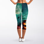 Scary Halloween Pumpkin Print Women's Capri Leggings