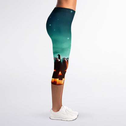 Scary Halloween Pumpkin Print Women's Capri Leggings