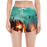 Scary Halloween Pumpkin Print Women's Split Running Shorts