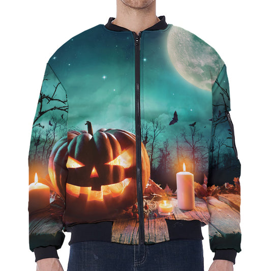 Scary Halloween Pumpkin Print Zip Sleeve Bomber Jacket