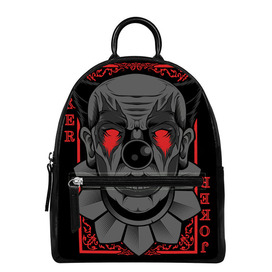 Scary Joker Card Print Leather Backpack
