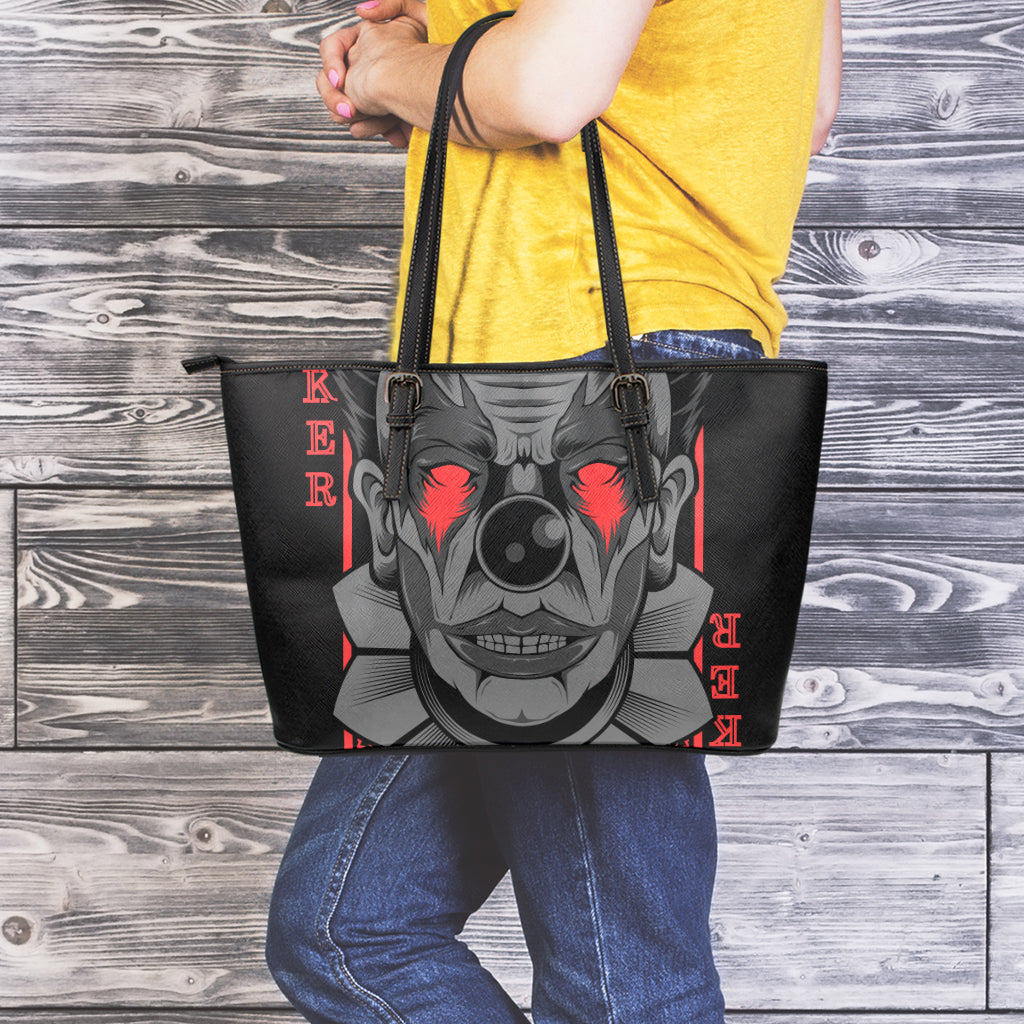 Scary Joker Card Print Leather Tote Bag