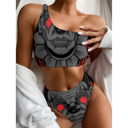 Scary Joker Card Print One Shoulder Bikini Top