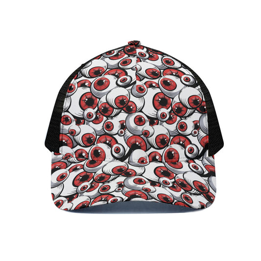 Scary Red Eyeball Pattern Print Black Mesh Trucker Cap
