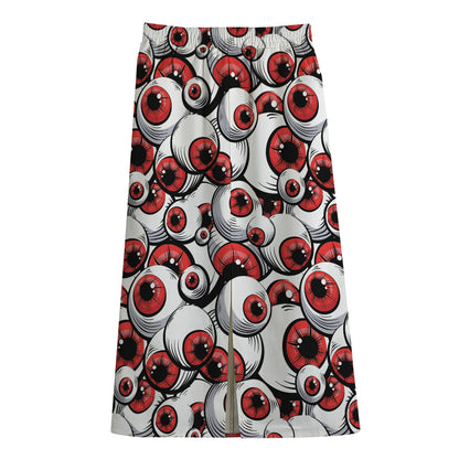 Scary Red Eyeball Pattern Print Cotton Front Slit Maxi Skirt