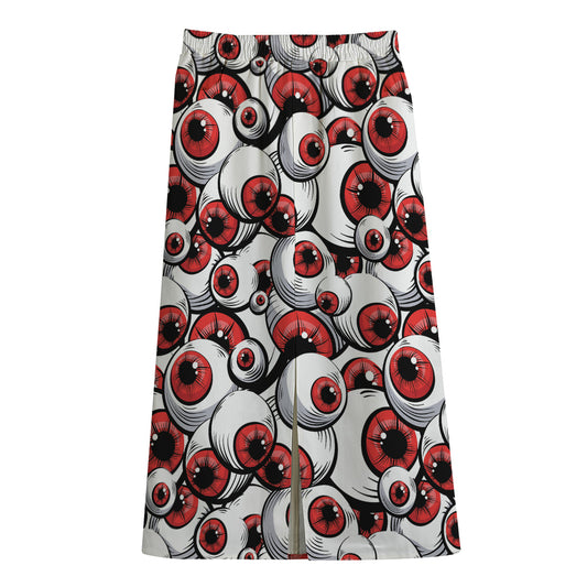 Scary Red Eyeball Pattern Print Cotton Front Slit Maxi Skirt