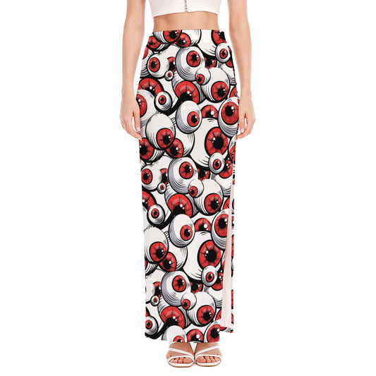 Scary Red Eyeball Pattern Print High Slit Maxi Skirt
