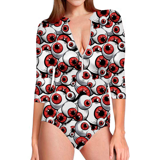 Scary Red Eyeball Pattern Print Long Sleeve Swimsuit