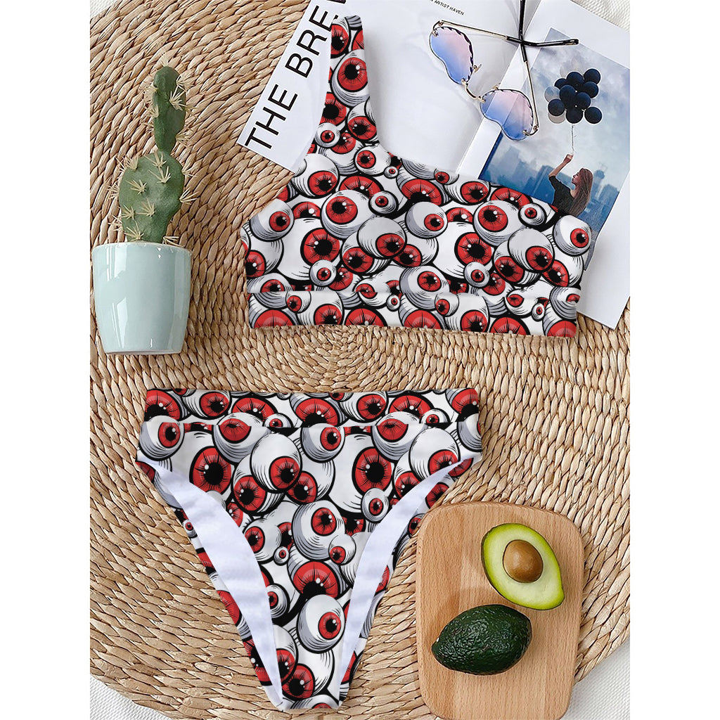 Scary Red Eyeball Pattern Print One Shoulder Bikini Top