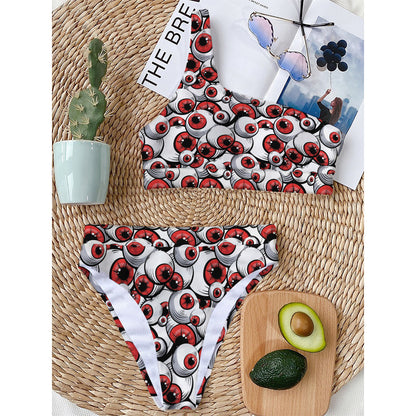 Scary Red Eyeball Pattern Print One Shoulder Bikini Top