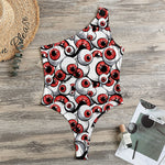 Scary Red Eyeball Pattern Print One Shoulder Bodysuit