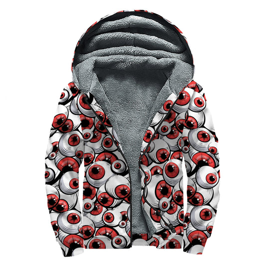 Scary Red Eyeball Pattern Print Sherpa Lined Zip Up Hoodie