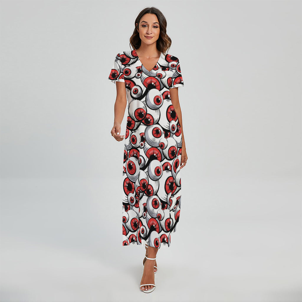 Scary Red Eyeball Pattern Print Short Sleeve Maxi Dress