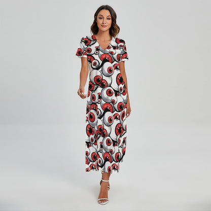 Scary Red Eyeball Pattern Print Short Sleeve Maxi Dress