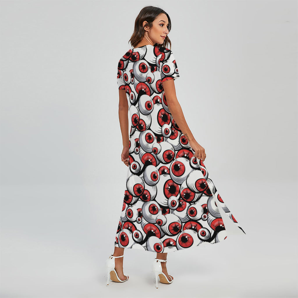 Scary Red Eyeball Pattern Print Short Sleeve Maxi Dress