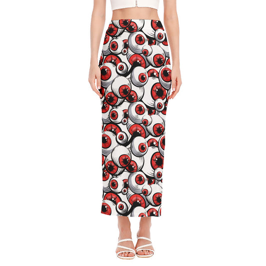 Scary Red Eyeball Pattern Print Side Slit Maxi Skirt