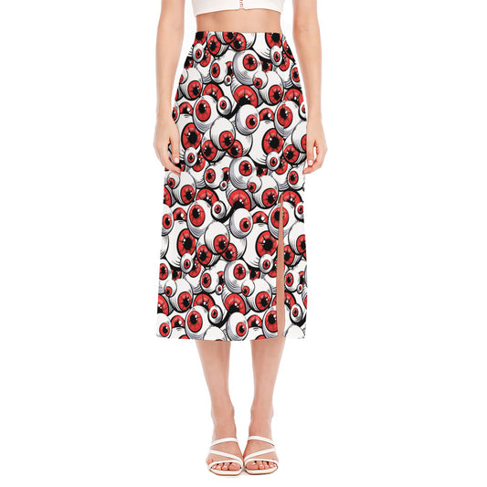 Scary Red Eyeball Pattern Print Side Slit Midi Skirt
