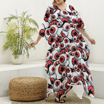 Scary Red Eyeball Pattern Print Silk V-Neck Kaftan Dress
