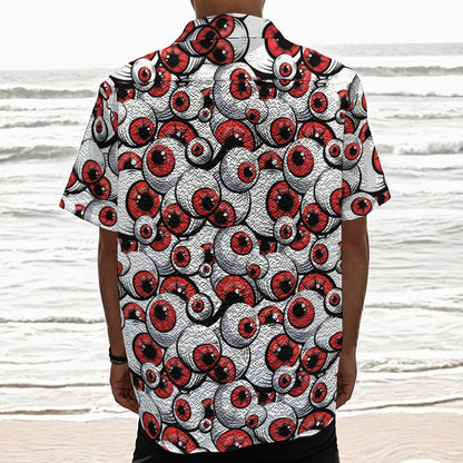 Scary Red Eyeball Pattern Print Textured Short Sleeve Shirt