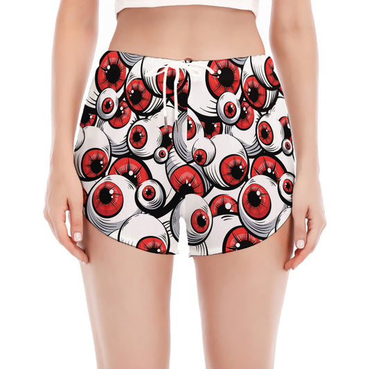 Scary Red Eyeball Pattern Print Women's Split Running Shorts