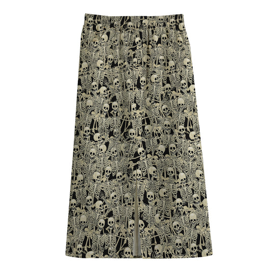 Scary Skeleton Pattern Print Cotton Front Slit Maxi Skirt