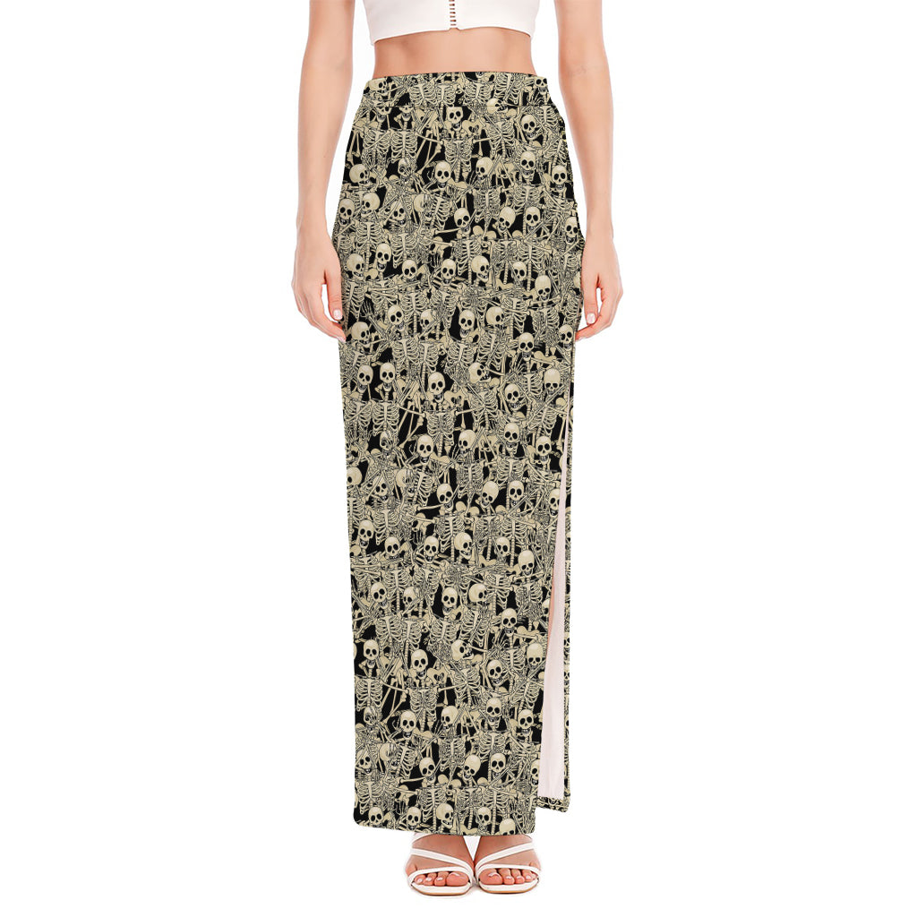 Scary Skeleton Pattern Print High Slit Maxi Skirt