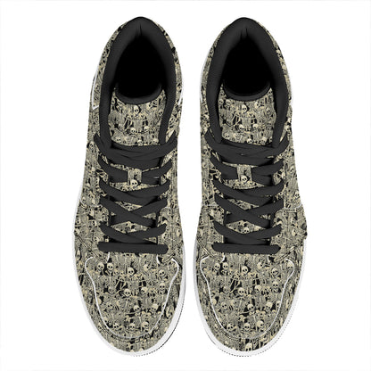 Scary Skeleton Pattern Print High Top Leather Sneakers