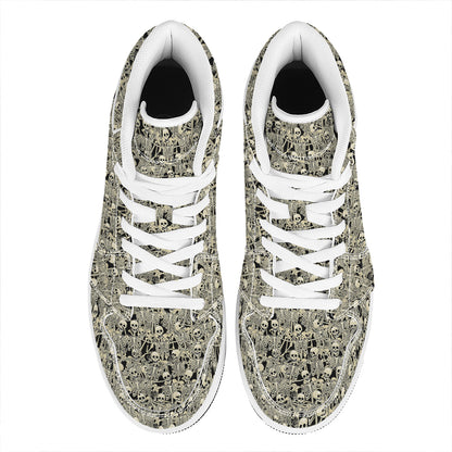 Scary Skeleton Pattern Print High Top Leather Sneakers