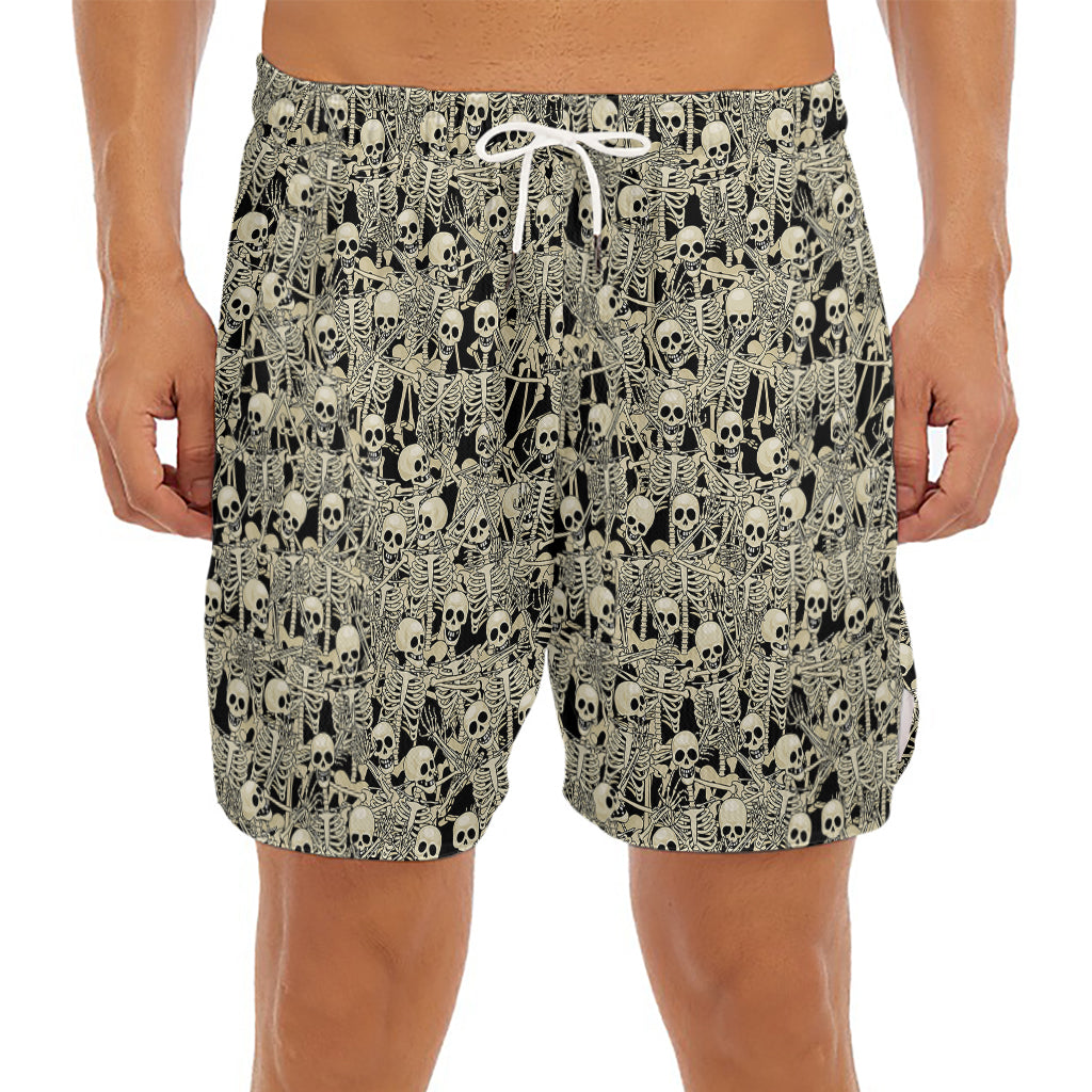 Scary Skeleton Pattern Print Men's Split Running Shorts