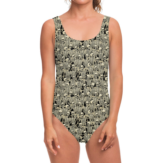 Scary Skeleton Pattern Print One Piece Swimsuit