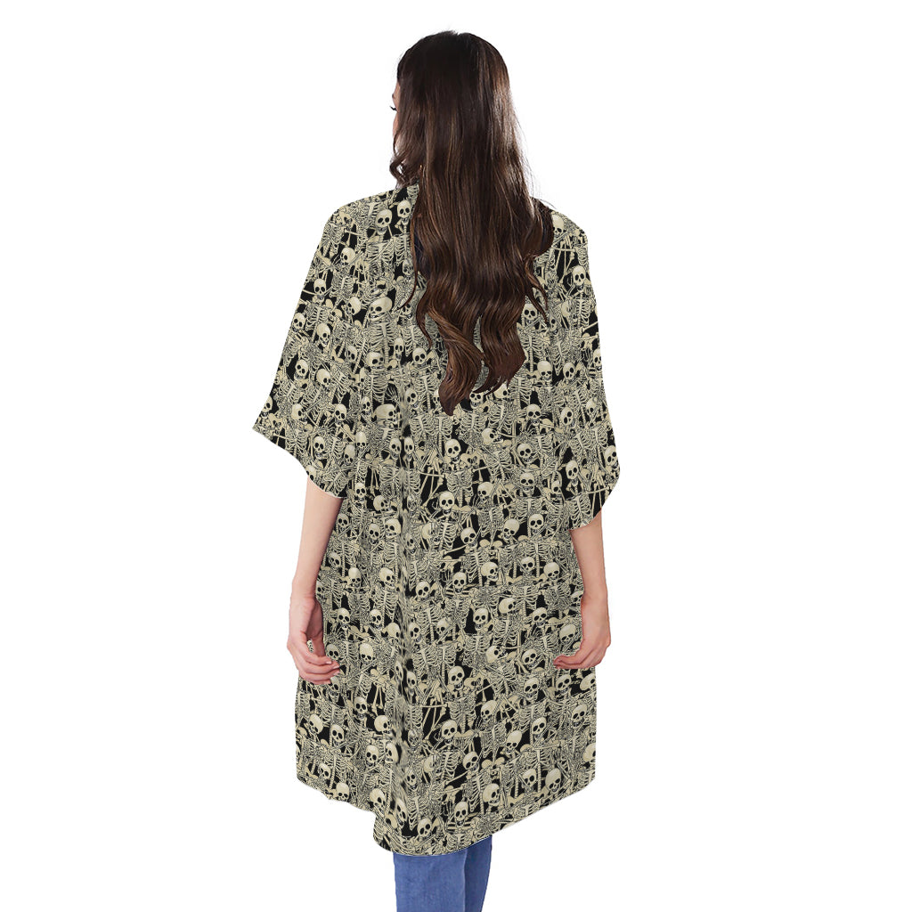 Scary Skeleton Pattern Print Open Front Beach Cover Up