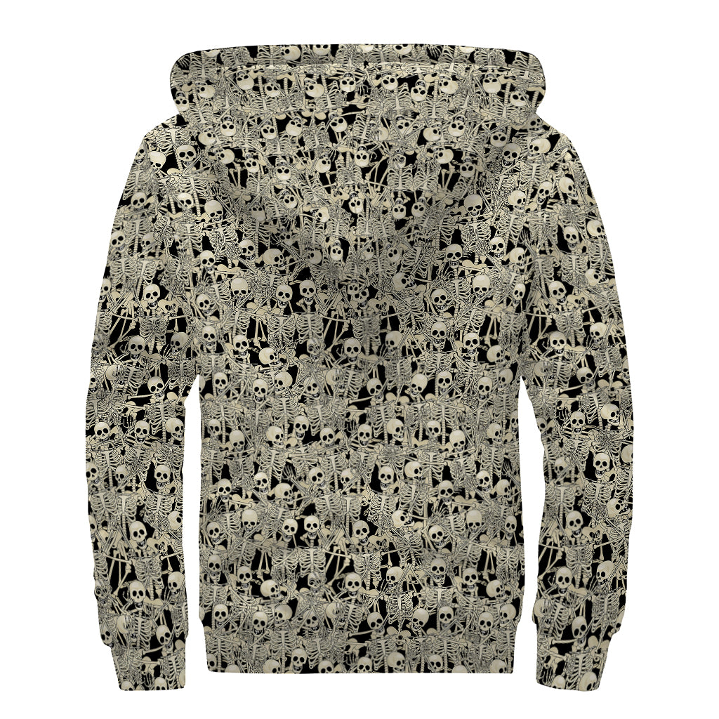 Scary Skeleton Pattern Print Sherpa Lined Zip Up Hoodie