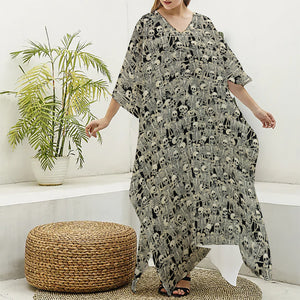 Scary Skeleton Pattern Print Silk V-Neck Kaftan Dress