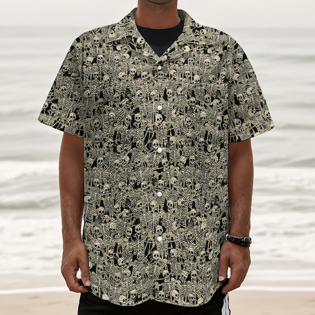 Scary Skeleton Pattern Print Textured Short Sleeve Shirt