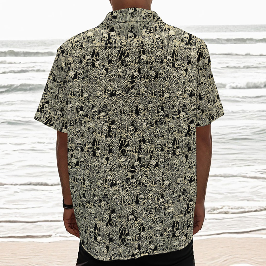 Scary Skeleton Pattern Print Textured Short Sleeve Shirt