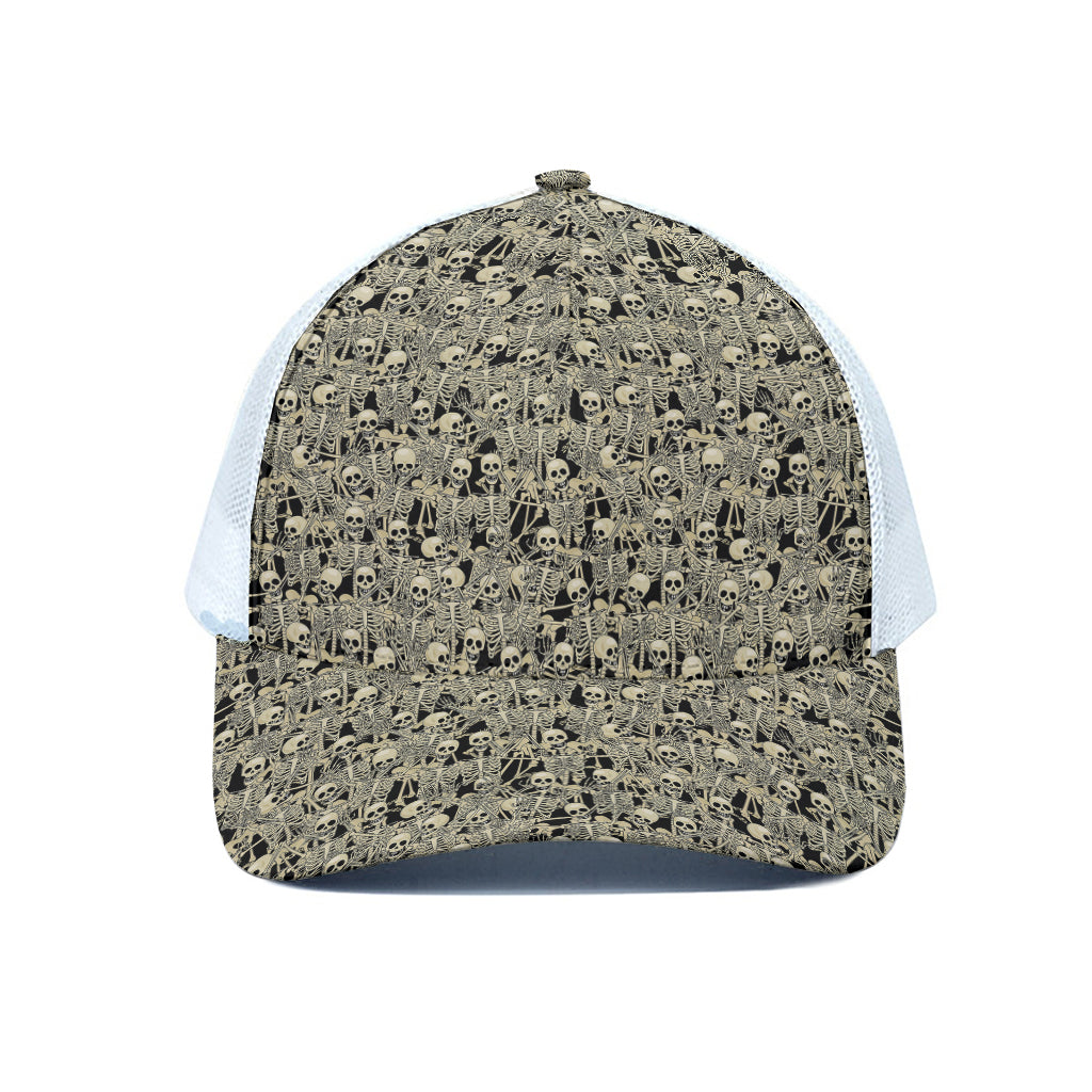 Scary Skeleton Pattern Print White Mesh Trucker Cap