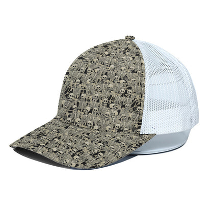 Scary Skeleton Pattern Print White Mesh Trucker Cap