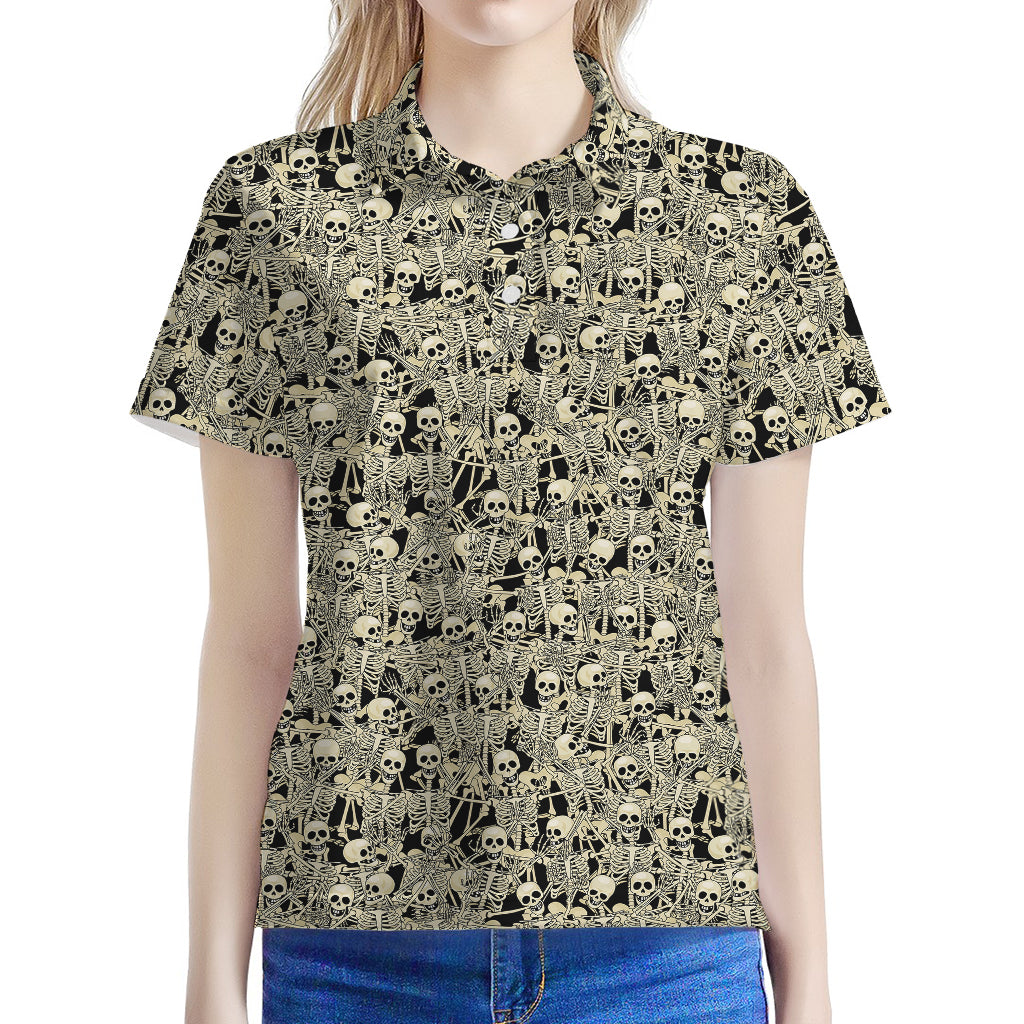 Scary Skeleton Pattern Print Women's Polo Shirt