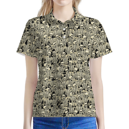 Scary Skeleton Pattern Print Women's Polo Shirt