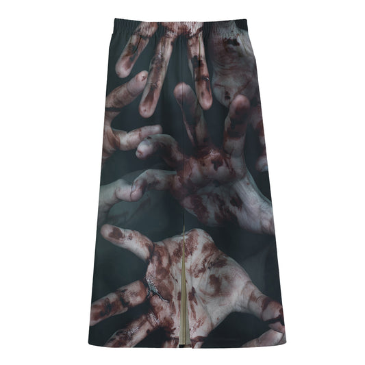 Scary Zombie Hands Print Cotton Front Slit Maxi Skirt