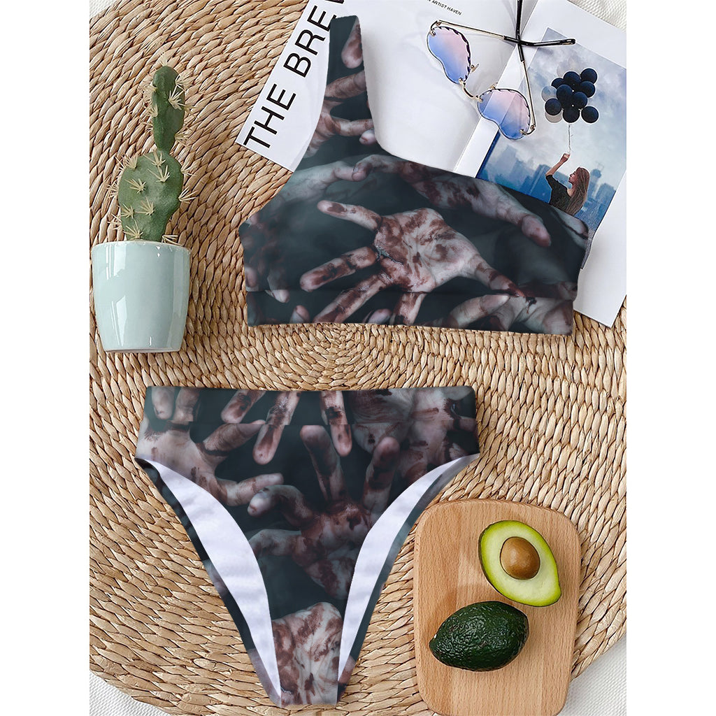 Scary Zombie Hands Print One Shoulder Bikini Top