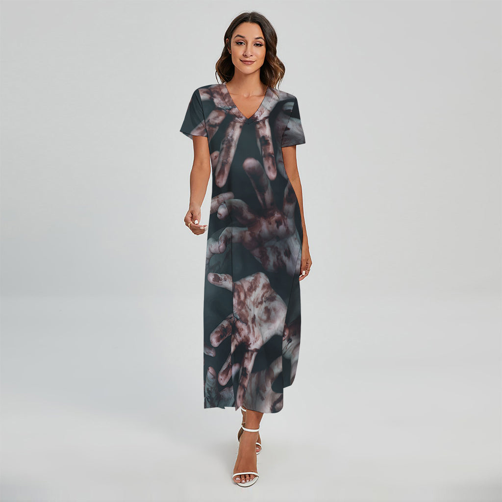 Scary Zombie Hands Print Short Sleeve Maxi Dress